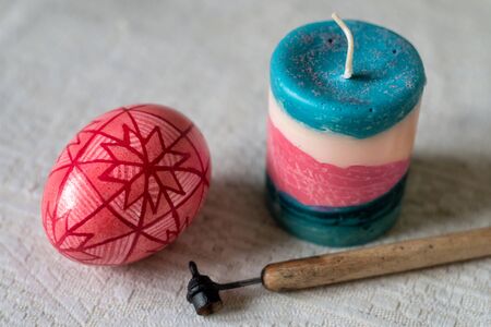 Ukrainian pysanka, Easter egg, painted with hot wax. Traditional geometric patternの写真素材