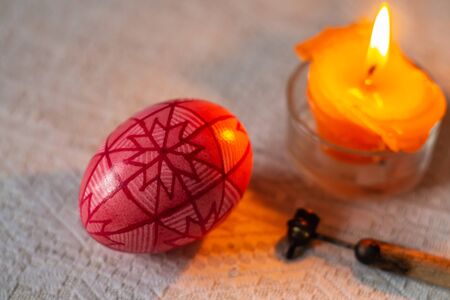 Ukrainian pysanka, Easter egg, painted with hot wax. Traditional geometric patternの写真素材