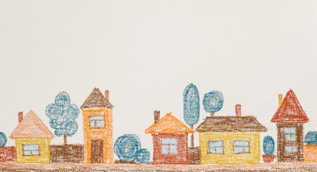 Child crayons drawing of street with houses on textured paperの写真素材
