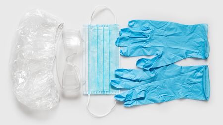 Hat, glasses, gloves and a disposable mask. Individual protection means