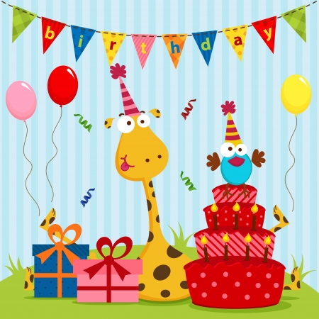 giraffe and bird birthdayのイラスト素材