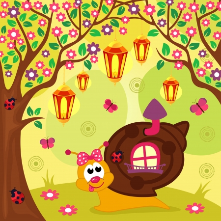 happy snail in the woods under a treeのイラスト素材