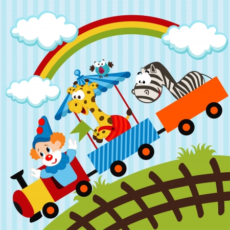clown and animals traveling train - vector illustration のイラスト素材