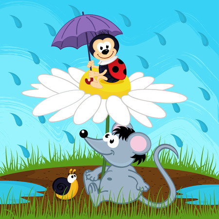 mouse ladybug snail hiding from rain - vector illustrationのイラスト素材