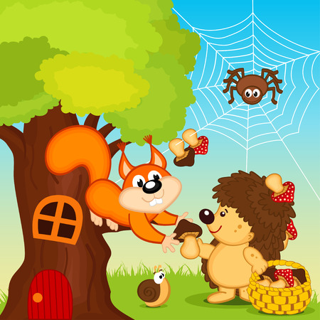 hedgehog gives squirrel mushroomのイラスト素材