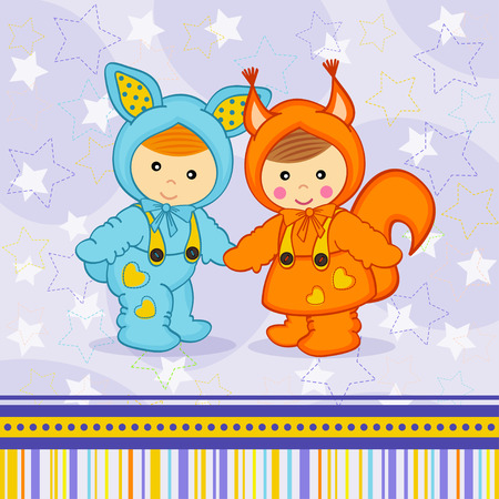 baby boy girl dressed as rabbit squirrel のイラスト素材