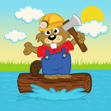 beaver on log illustrationのイラスト素材