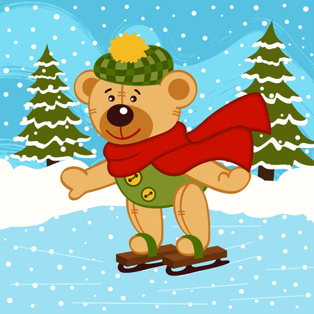 teddy bear on ice skates - vector illustrationのイラスト素材