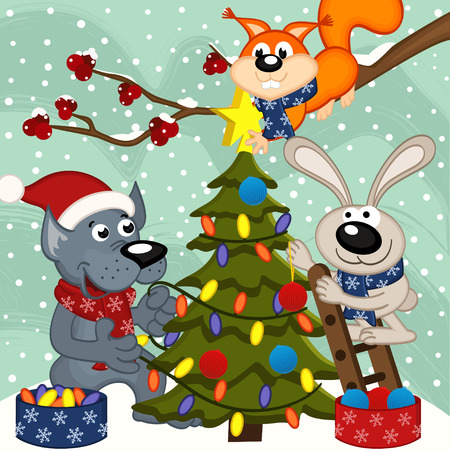 animals decorating Christmas tree - vector illustration, epsのイラスト素材
