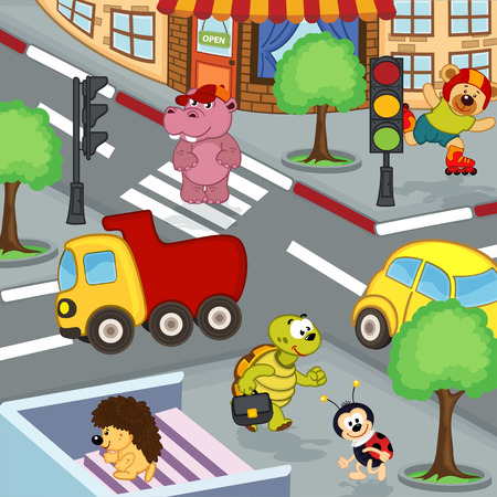 animals at crossroads - vector illustration, epsのイラスト素材