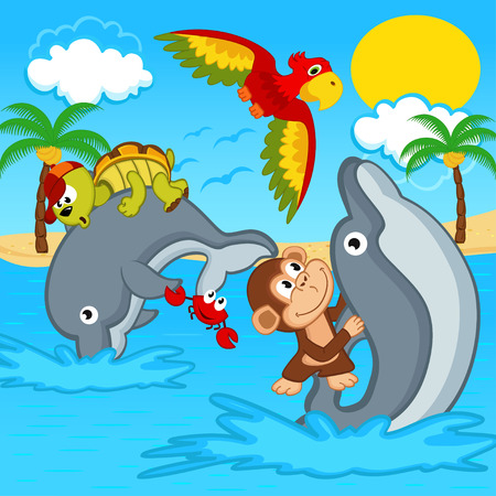 animals riding on dolphins - vector illustration, epsのイラスト素材