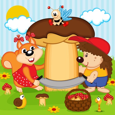 hedgehog squirrel found large mushroom - vector illustration, epsのイラスト素材