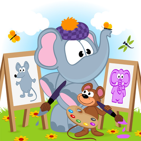 elephant and mouse draw portraits - vector illustration, epsのイラスト素材