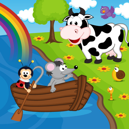 mouse ladybug on boat on river - vector illustration, epsのイラスト素材