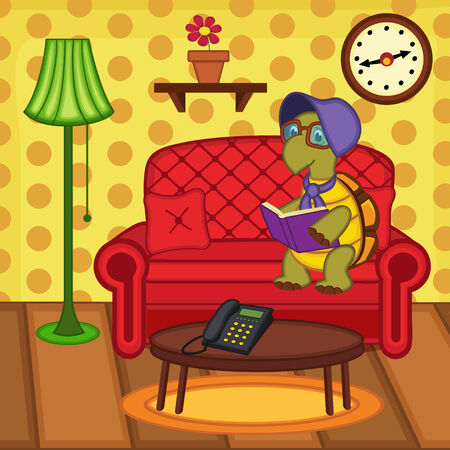 turtle reading book on couch - vector illustrationのイラスト素材