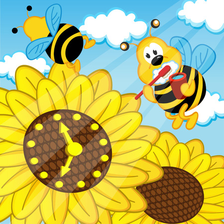 bee brushes  teeth looks at watch sunflower - vector illustration.のイラスト素材