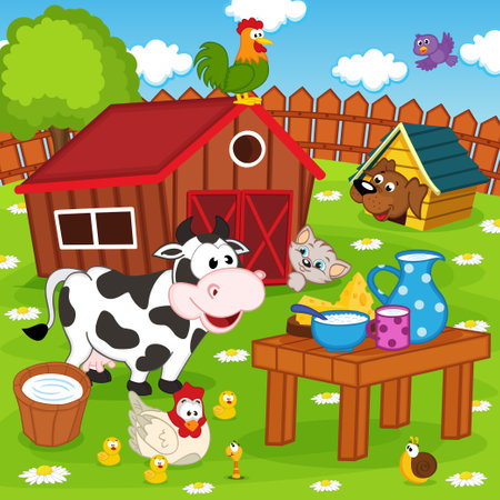 farm animals in barnyard - vector illustration, epsのイラスト素材