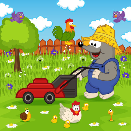 mole cutting grass lawn mower illustrationのイラスト素材