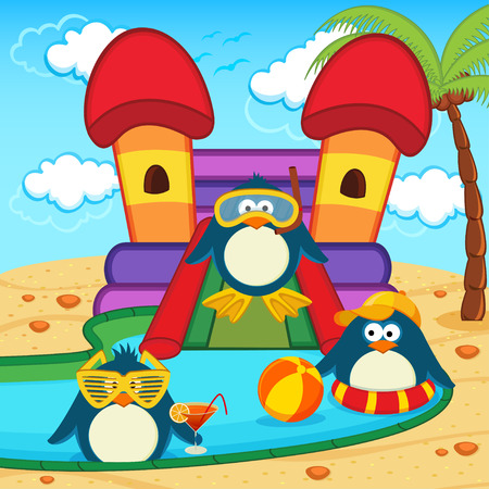 penguins in aqua park - vector illustrationのイラスト素材