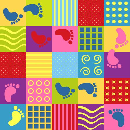 colorful seamless pattern with squares and footprints - vector illustration, epsのイラスト素材