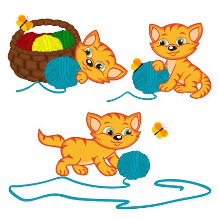 kitten playing with balls of yarn - vector illustration,のイラスト素材