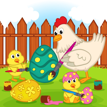 chicken and chicks painting easter egg - vector illustration, epsのイラスト素材
