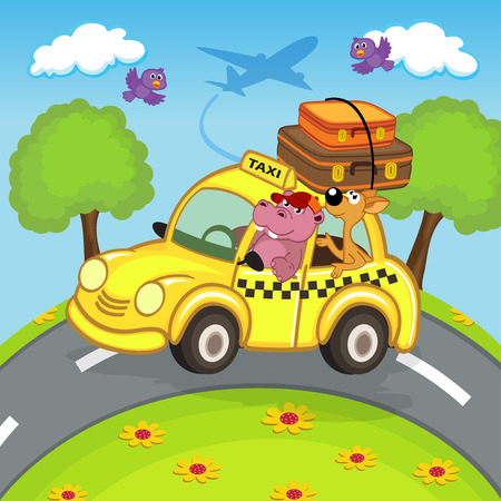 animals traveling in taxi illustrationのイラスト素材