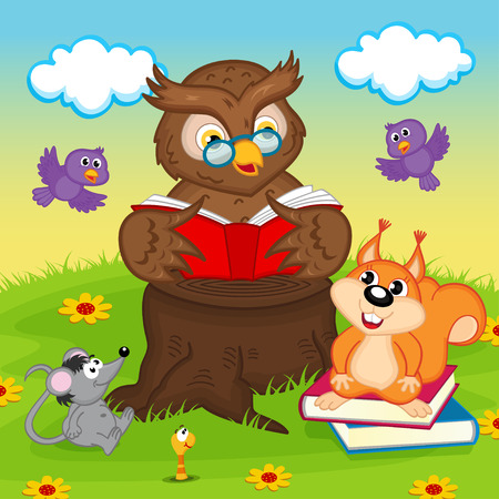 owl reading a book for animals - vector illustrationのイラスト素材