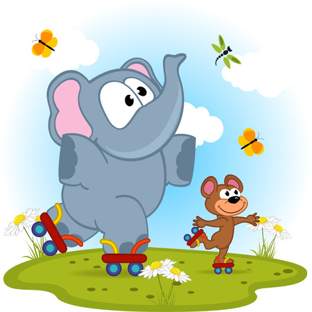 elephant and mouse roller skating - vector illustration, epsのイラスト素材