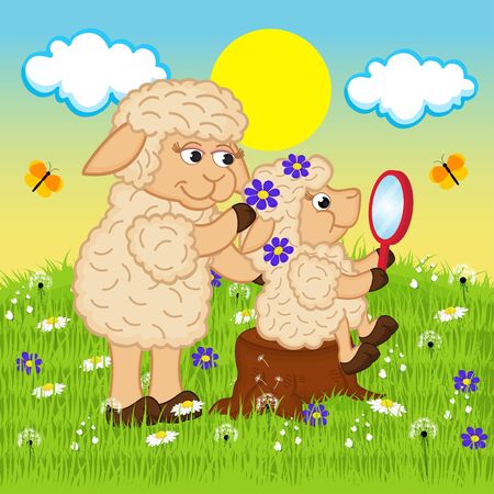 mother sheep adorns head daughter - vector illustration.のイラスト素材