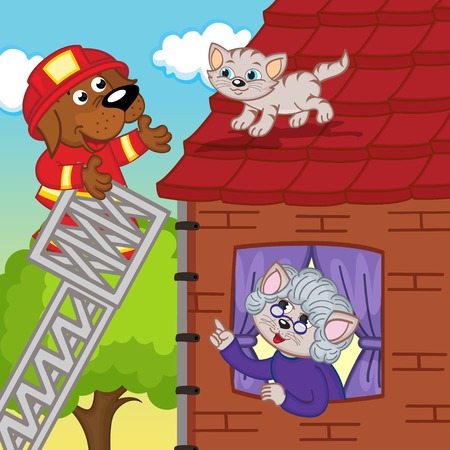 dog rescuer removes kitten off roof - vector illustration, epsのイラスト素材