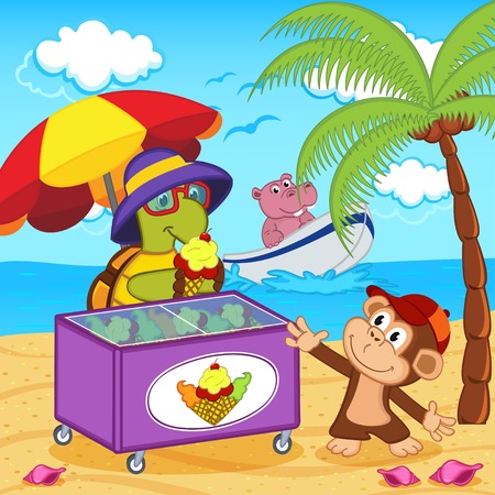 turtle sells ice cream on beach - vector のイラスト素材