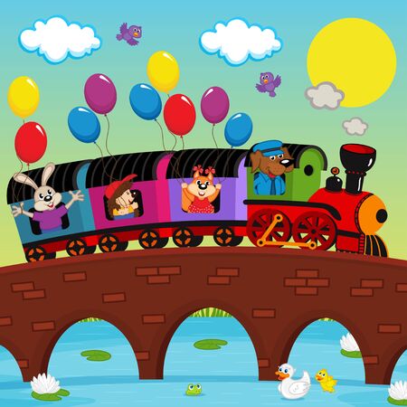train on bridge with animals - vector illustration, epsのイラスト素材