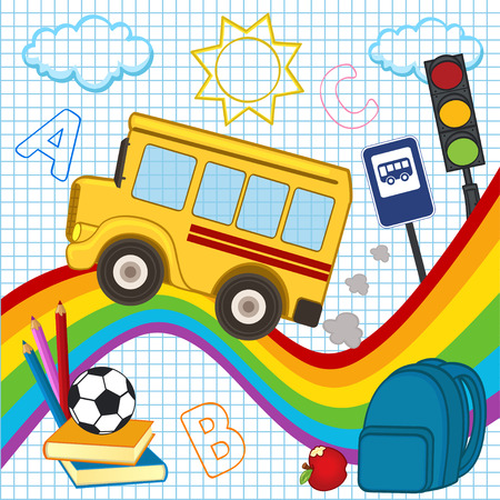 school bus travels over the rainbow - vector illustration.のイラスト素材