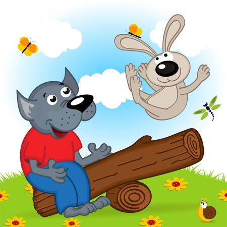 wolf and rabbit on a swing - vector illustration, epsのイラスト素材