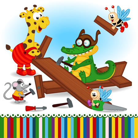 animals build wooden plane - vector illustration, epsのイラスト素材