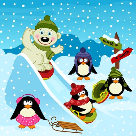 polar bear and penguin on an ice slide - vector illustration, epsのイラスト素材