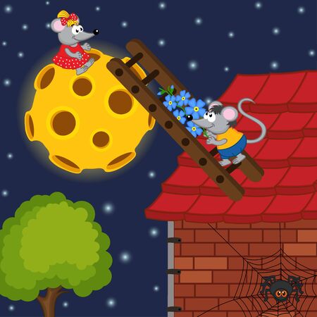 mouse climbs the ladder to the moon - vector illustration, epsのイラスト素材