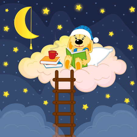 rabbit reads a book in the clouds at night - vector illustration, epsのイラスト素材