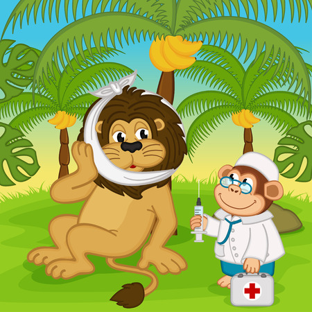 monkey doctor treats a lion - vector illustration, epsのイラスト素材