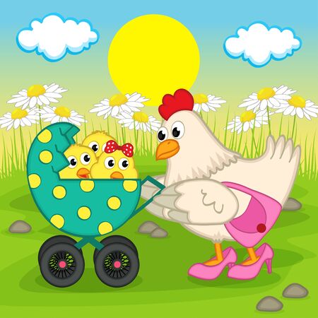 Mother chicken with chickens in stroller - vector illustration, epsのイラスト素材