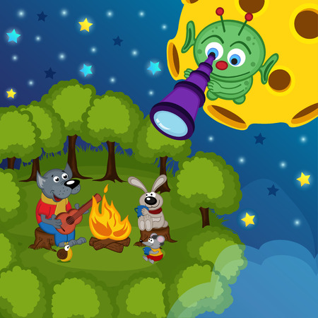 alien on the moon watching for animals - vector illustration, epsのイラスト素材