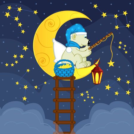 Polar bear on the moon catches the bait stars - vector illustration, epsのイラスト素材