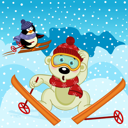 polar bear and penguin skiing - vector illustration, epsのイラスト素材