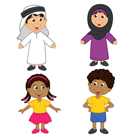 set of isolated children of muslim and african-american nationalitiesのイラスト素材