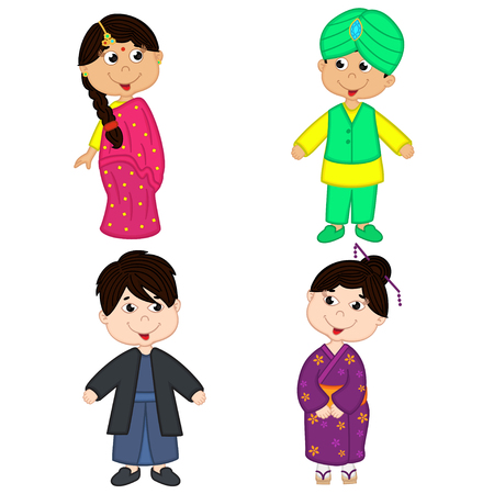 set of isolated children of Indian and Japanese nationalitiesのイラスト素材
