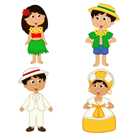 set of isolated children of Hawaii and Brazil nationalities - vector illustrationのイラスト素材