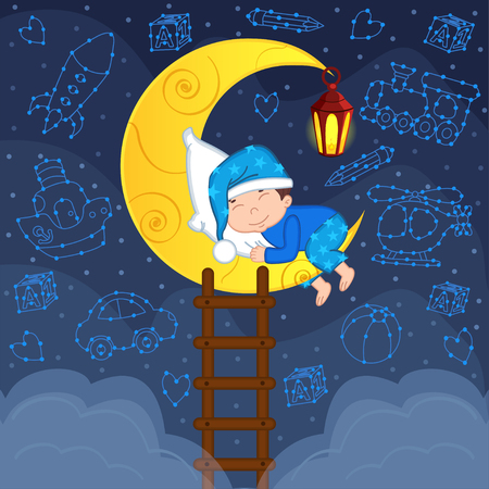 baby boy sleeping on the moon among the stars - vector illustrationのイラスト素材