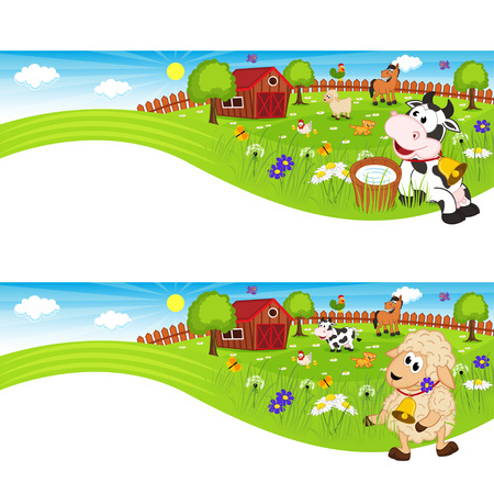 two banners with farm animals in barnyardのイラスト素材