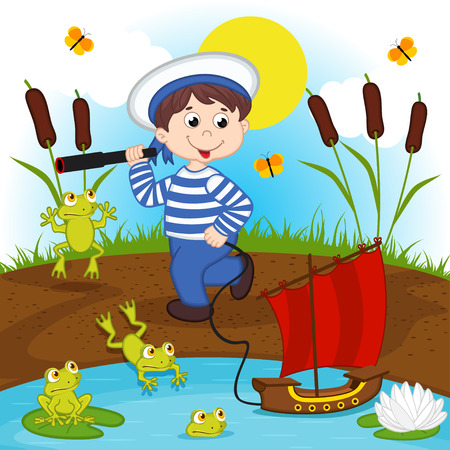 sailor boy rolls ship in the lakeのイラスト素材